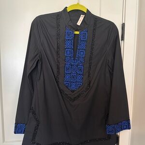 Tory Burch Black Tunic with Geometric Blue Accents